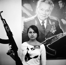 Sales assistant on the Kalashnikov stand, Nizhny Tagil Arms Show, 2004